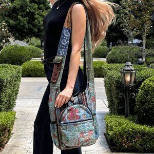 Vintage Patchwork Hobo Bag with Water Bottle Pockets